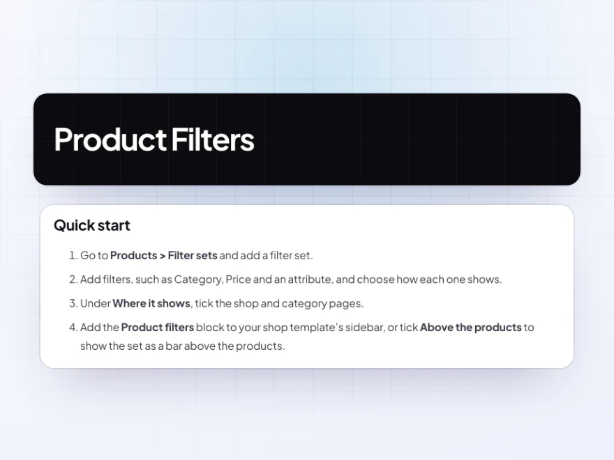 The Product Filters documentation with its quick start