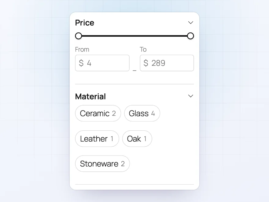 Price slider with from and to boxes above material buttons with counts