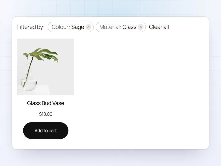 Chosen filters, Colour: Clear and Material: Glass, each with a remove link and Clear all