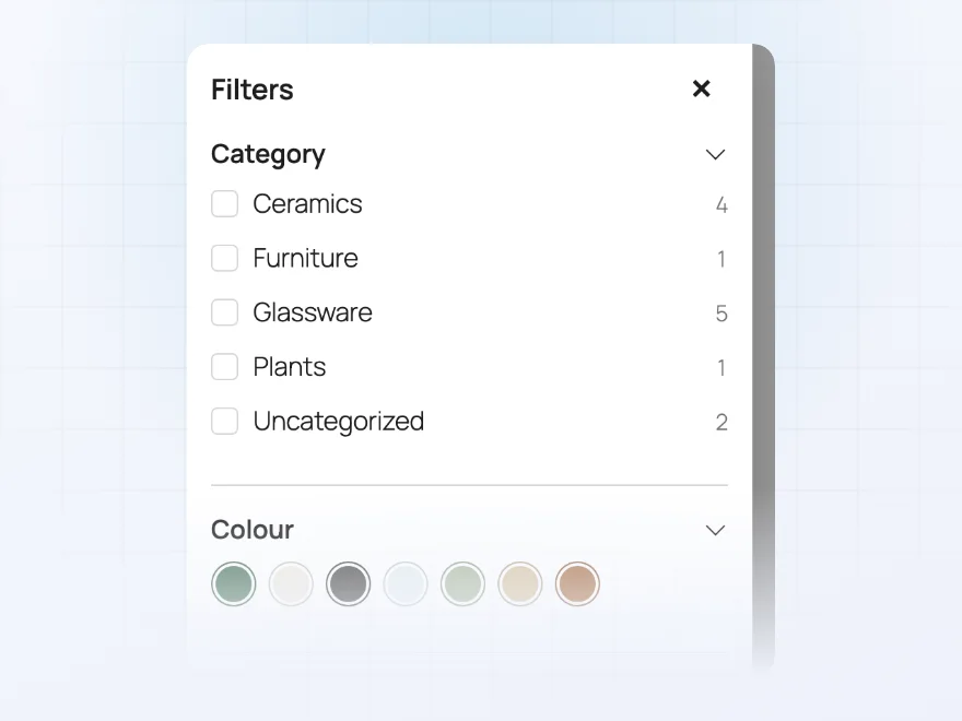 Filter drawer on a phone with categories, colors and a Show products button