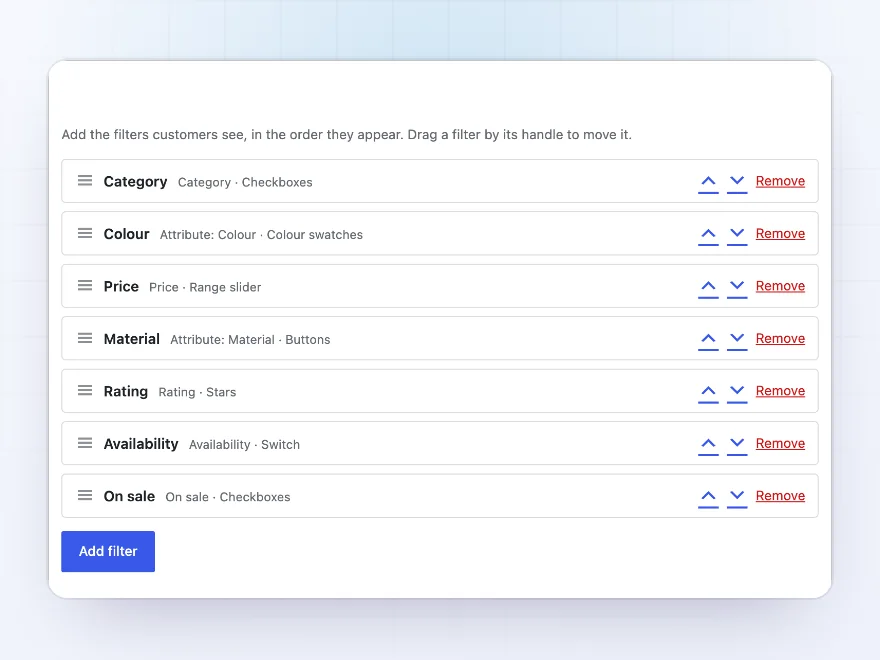 Filter set editor with Category, Colour, Price, Material, Rating and Availability filters