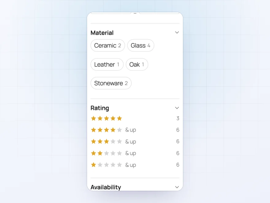 Material buttons with counts, rating stars and an in-stock switch