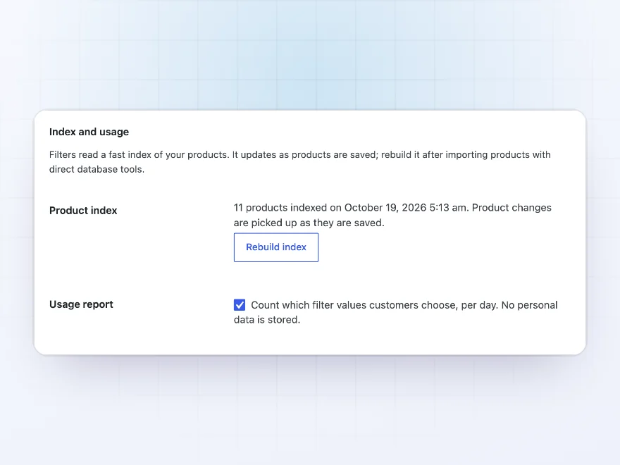 Product index and usage report settings