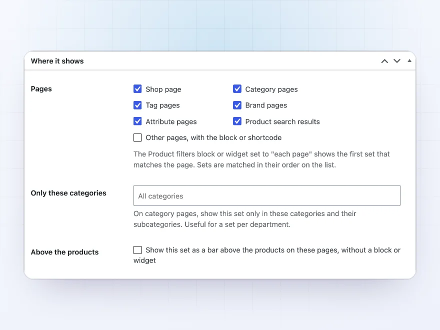 Filter set placement settings for the shop, categories, tags and search pages