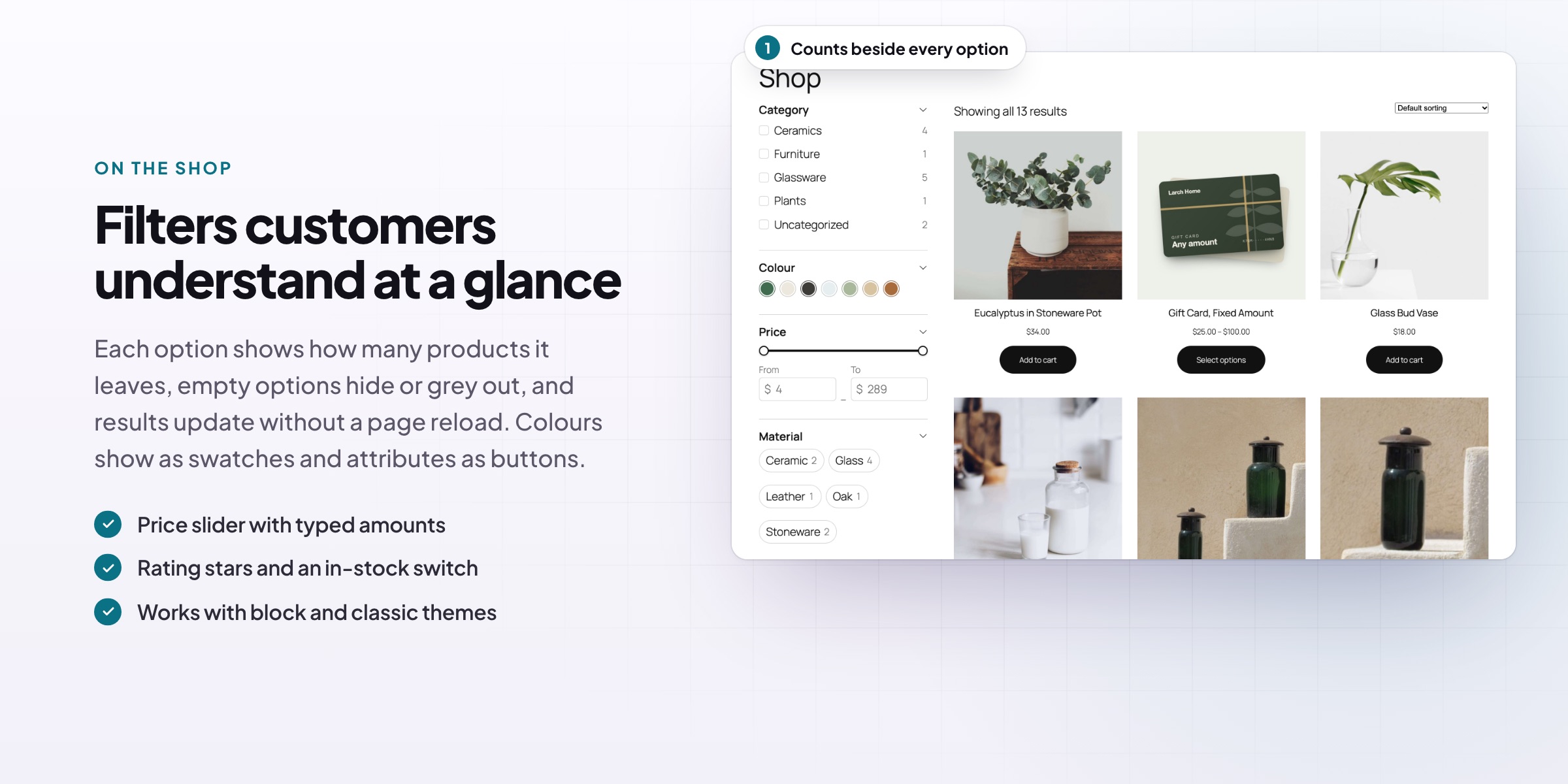 Product Filters: the shop with counts, swatches and a price slider