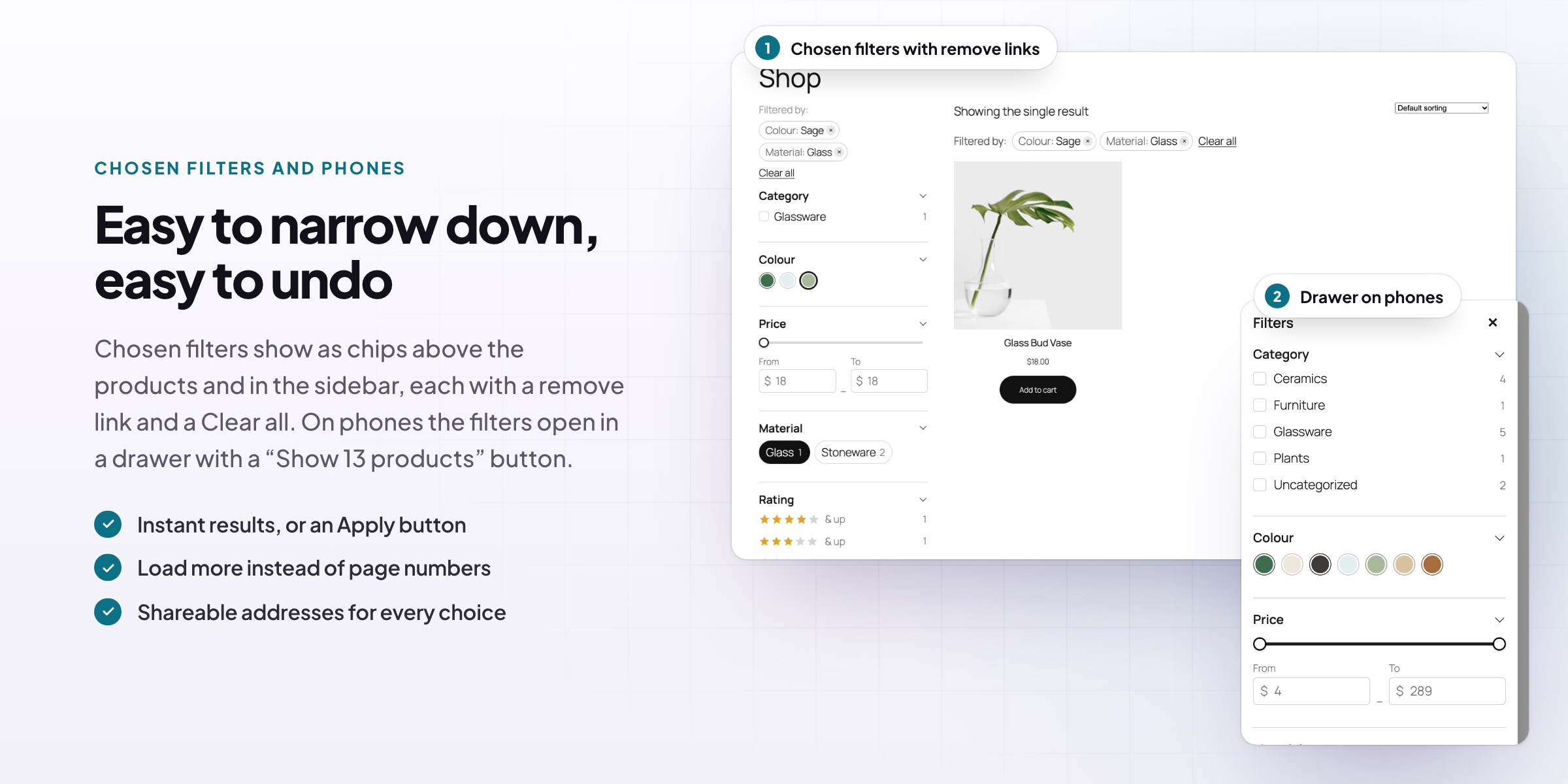 Product Filters: chosen filters with remove links, and the drawer on phones