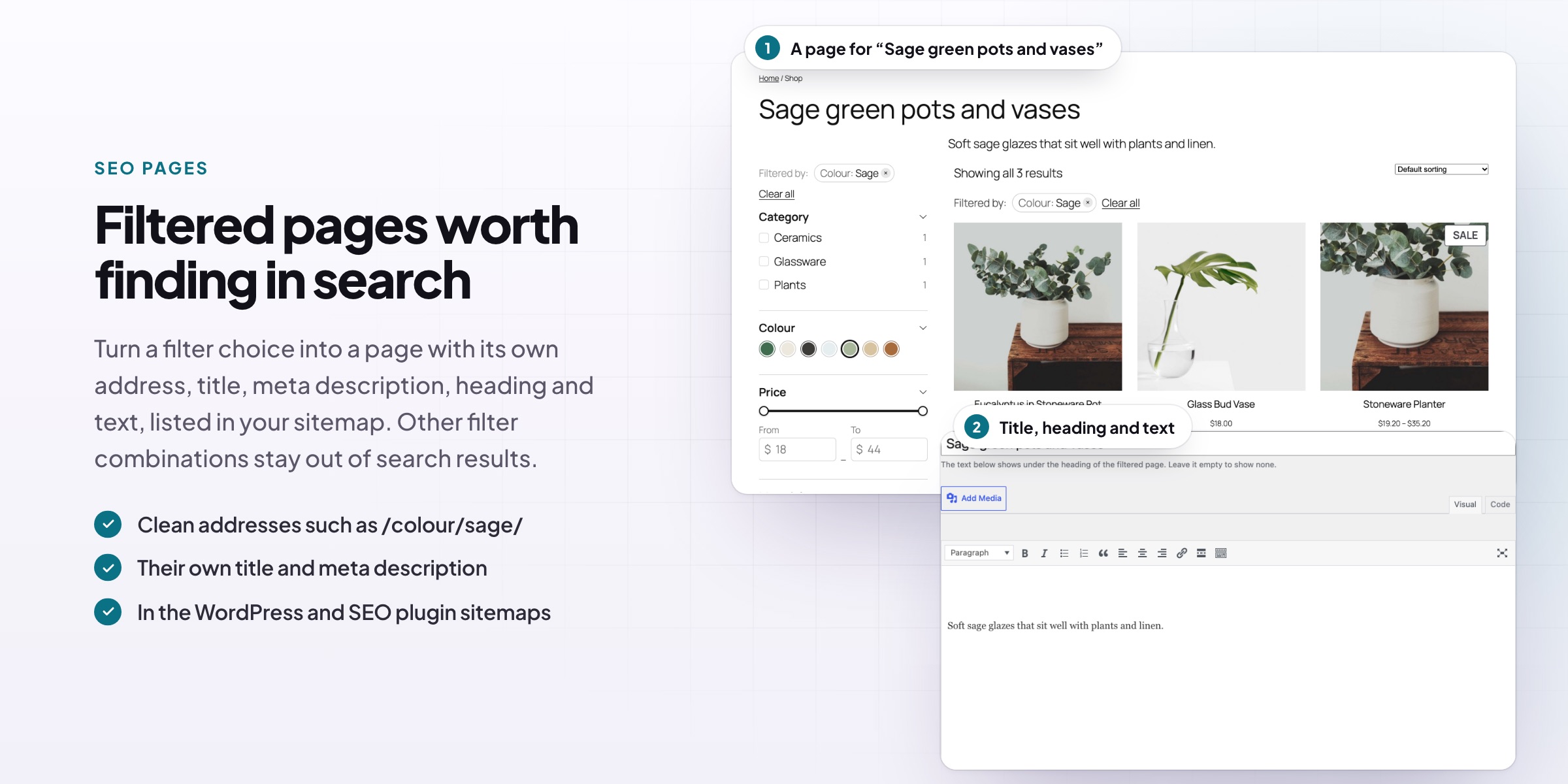 Product Filters: an SEO page for sage green pots and its settings