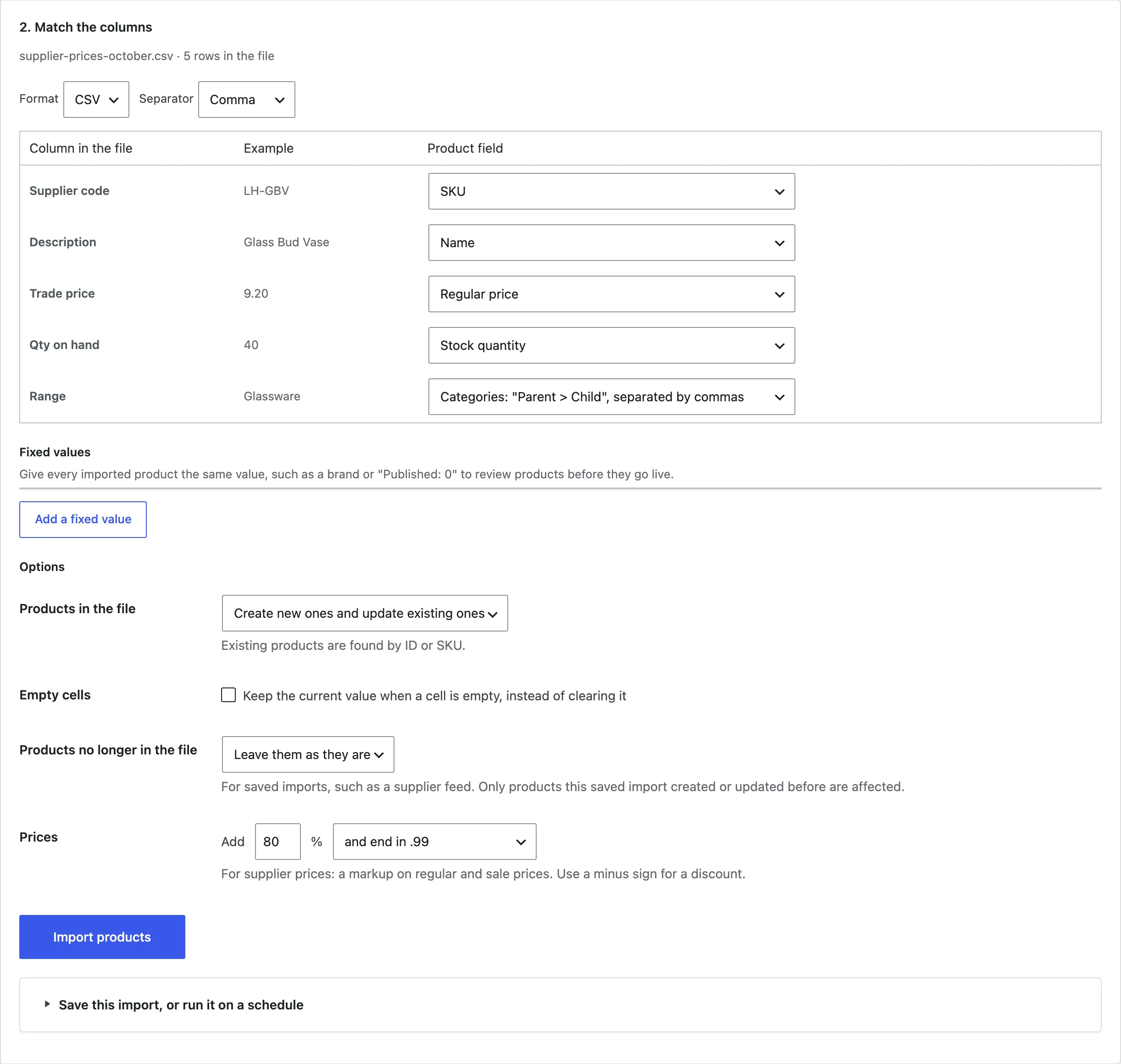 Matching columns to product fields.