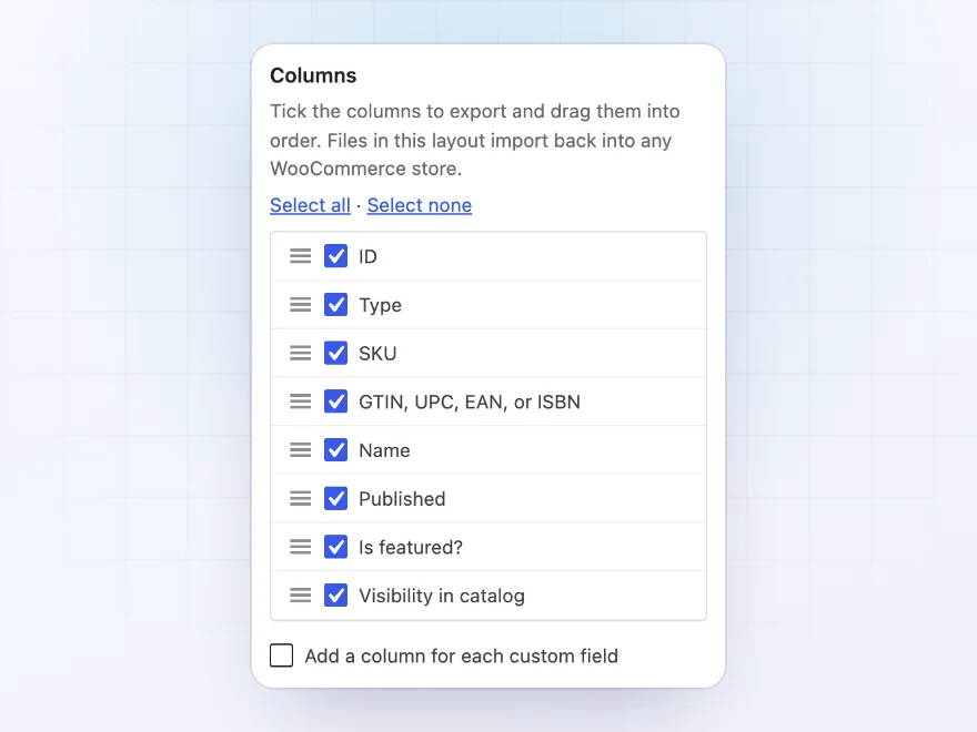 Export column list with SKU, name, prices and stock ticked