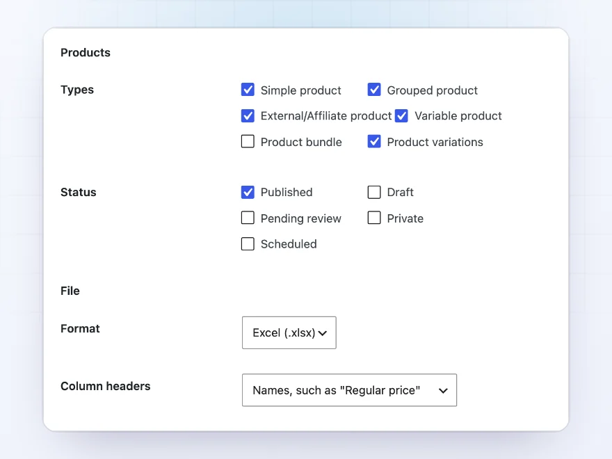 Export filters and file format choices