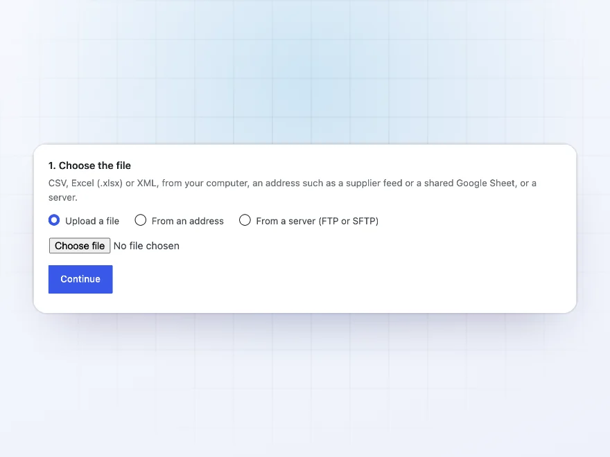 Import screen with the file source choices