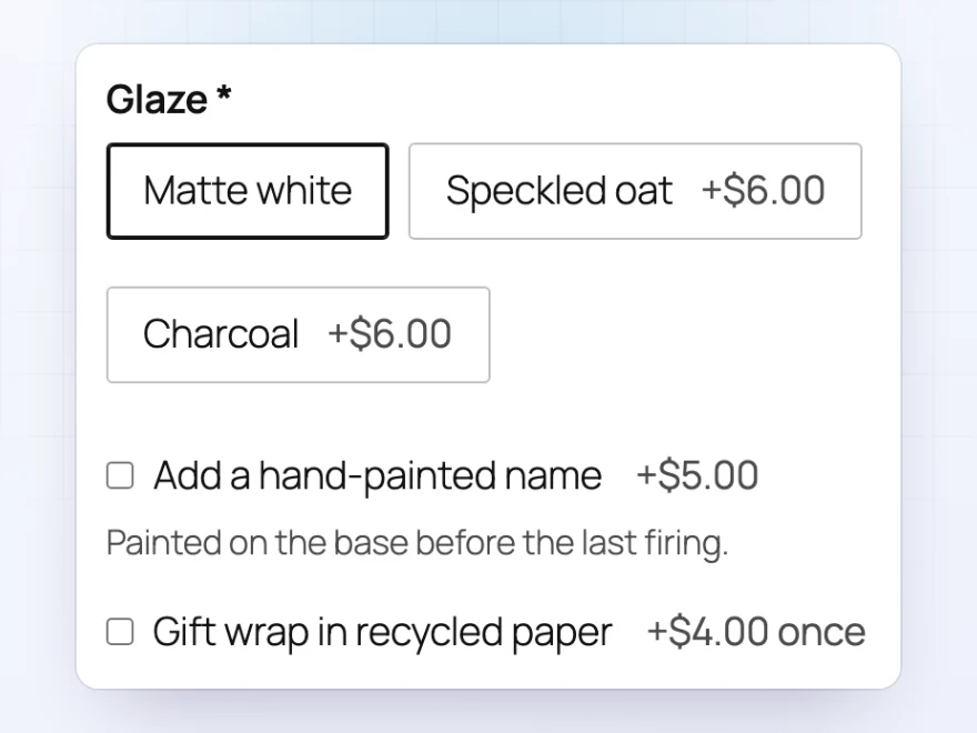 Product options with prices: glaze buttons, a hand-painted name and gift wrapping