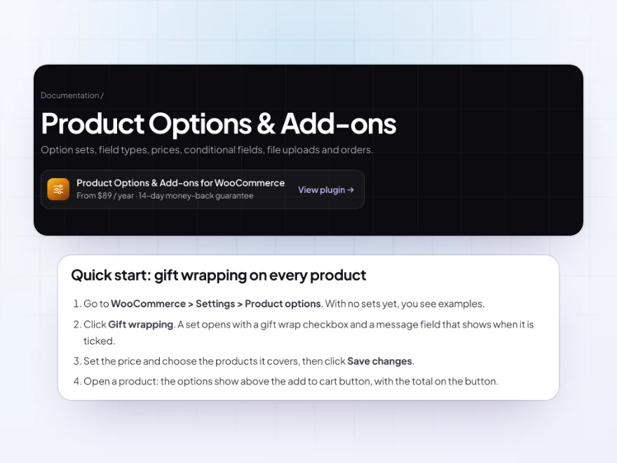 The Product Options & Add-ons documentation with its quick start