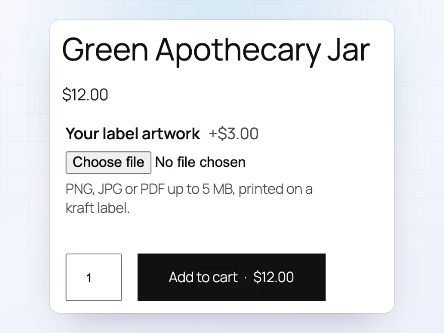 File upload field for label artwork on a product page, priced at $3.00