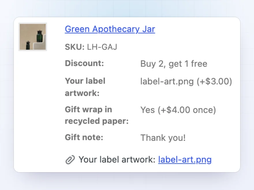 Order item listing the customer’s options and a link to the uploaded file