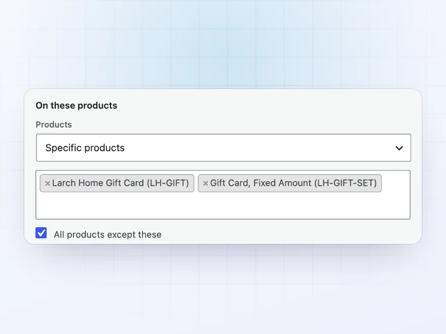 Option set shown on all products except two gift cards