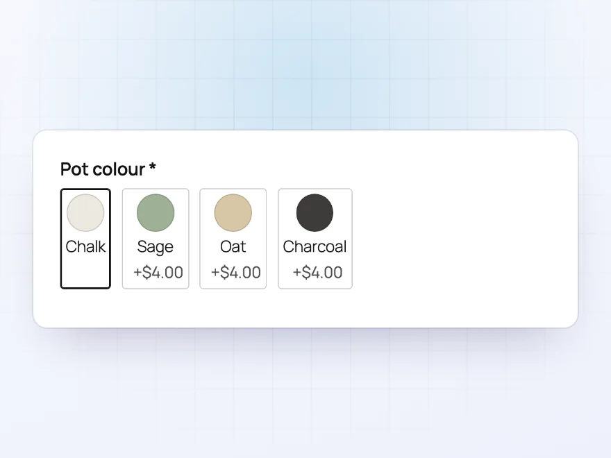 Pot colour choices shown as colour swatches, with a price on each
