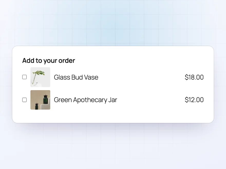 Add to your order: a glass bud vase and a green apothecary jar as add-on products