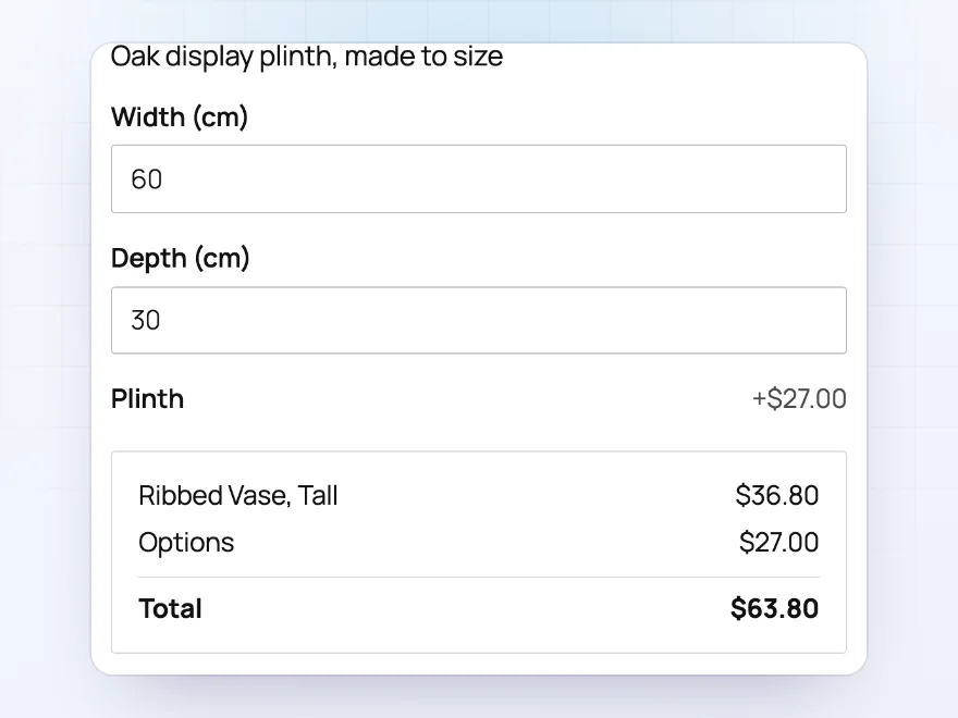 Width and depth fields with the plinth price worked out from them, and the new total