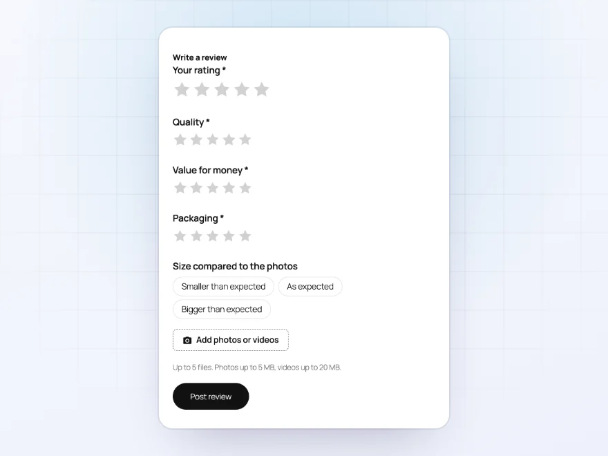 Review form with stars per criterion, a size question and photo upload