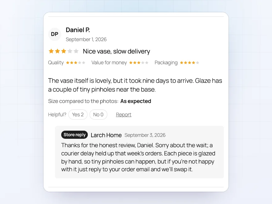 A three-star review with the store’s reply underneath