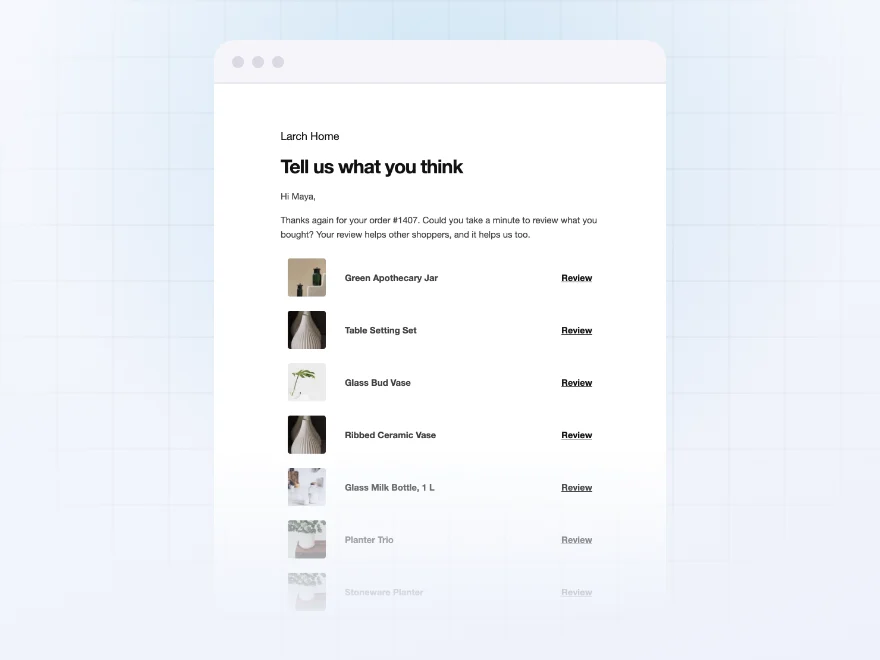 Review reminder email listing the ordered products with Write a review buttons