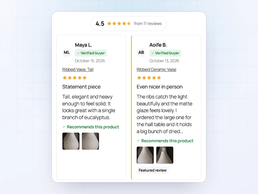 Customer reviews page with a grid of four- and five-star reviews and photos