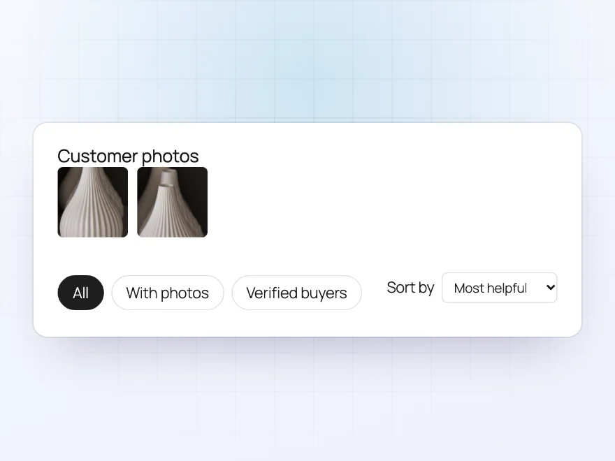 Review filters and sorting above the reviews, with a row of customer photos