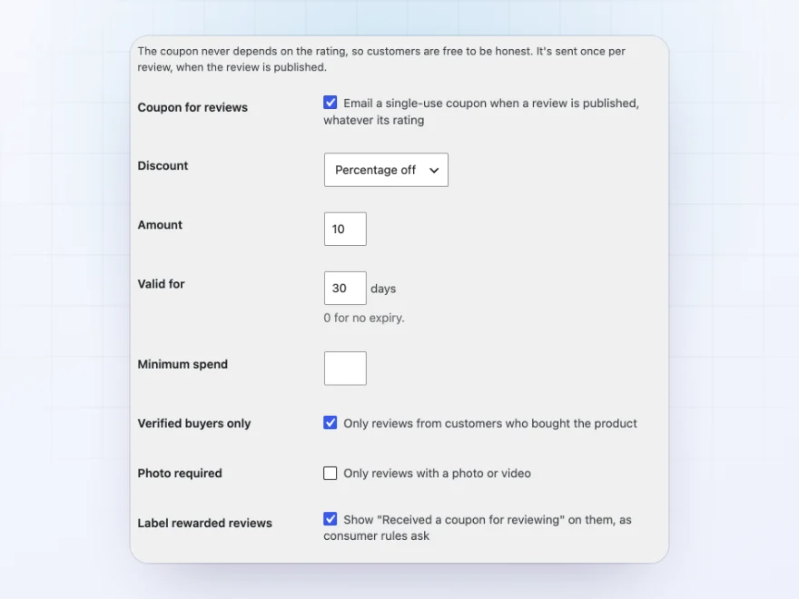 Review coupon settings
