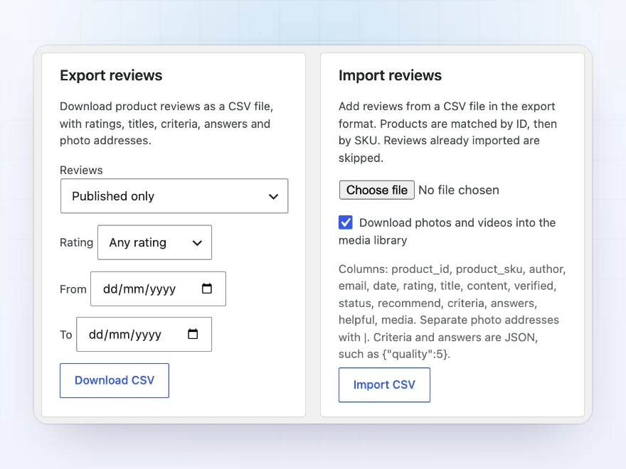 Import and export screen for reviews, with photos