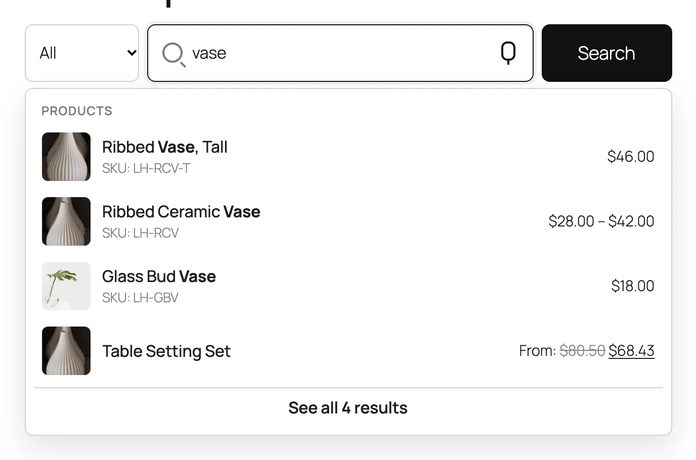 Suggestions with products and categories.