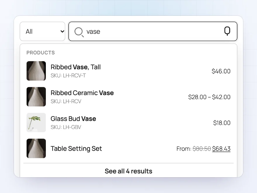 Search suggestions for vase with three products, their images, prices and SKUs