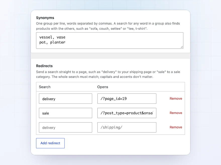 Synonyms and redirects settings with delivery sent to the shipping page