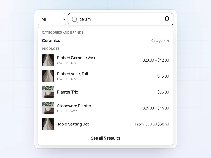 Searching “ceram” shows the Ceramics category above the matching products