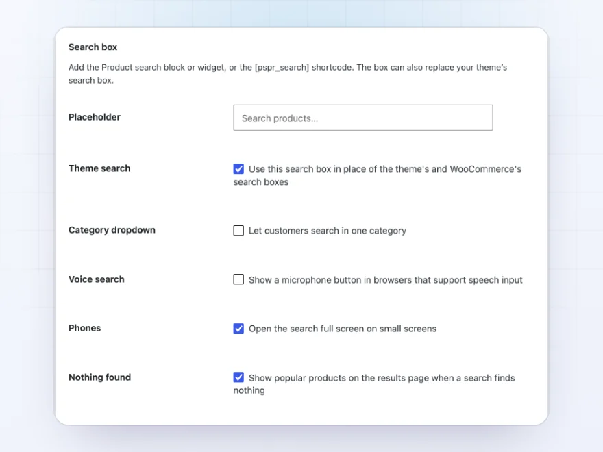 Product search settings