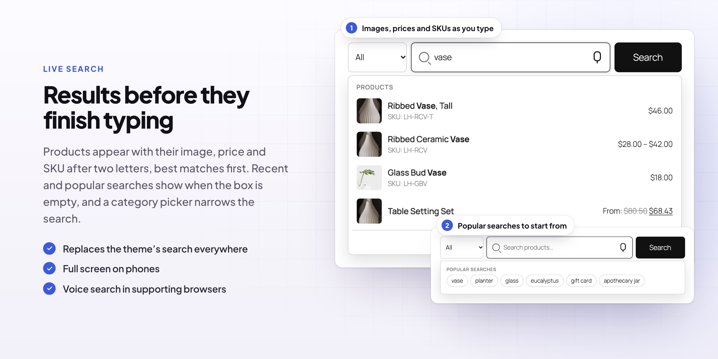 Product Search: live results and popular searches