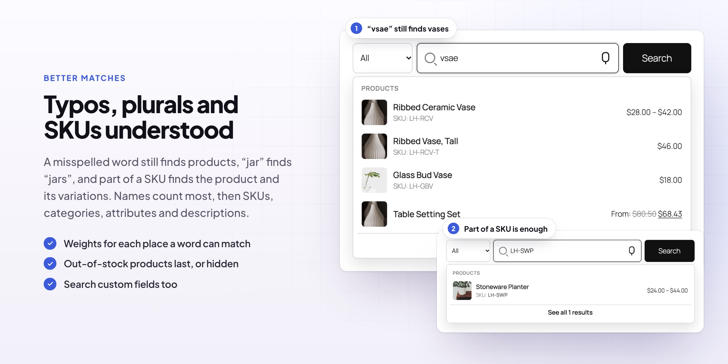 Product Search: a misspelled search and a SKU search