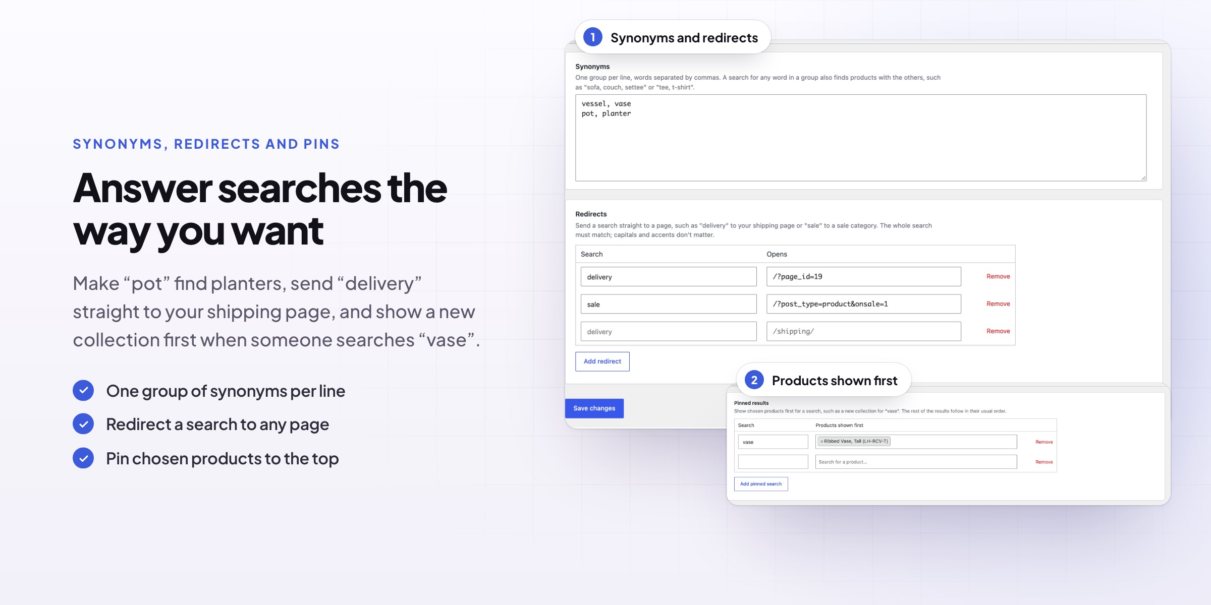 Product Search: synonyms, redirects and pinned results
