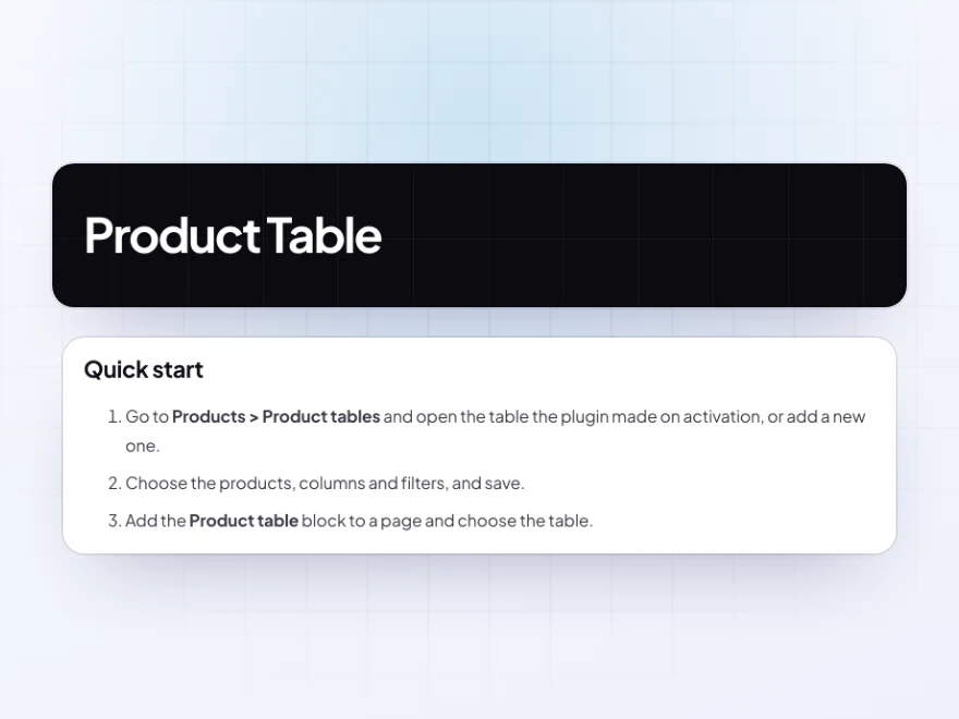 The Product Table documentation with its quick start
