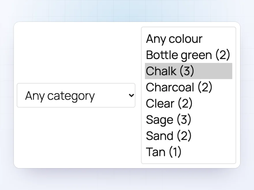 Table filters with a category drop-down and counts