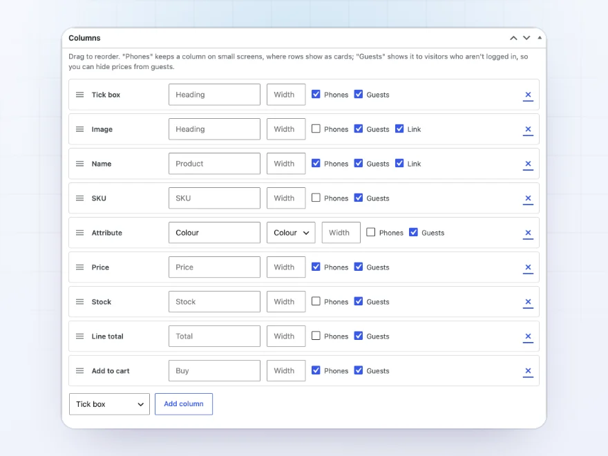 Column editor with select, image, name, SKU, price, stock, total and add to cart