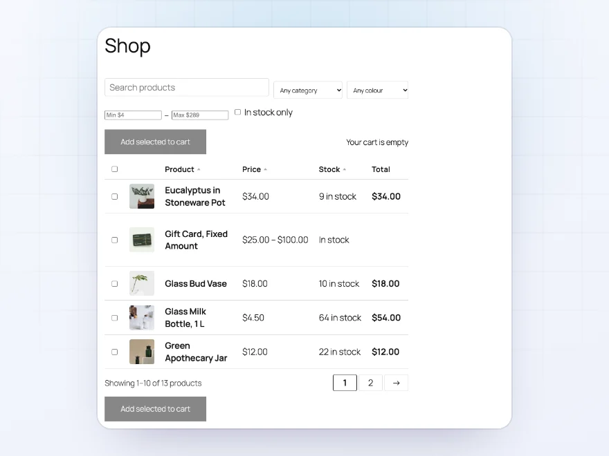 Shop page showing products in a table instead of a grid