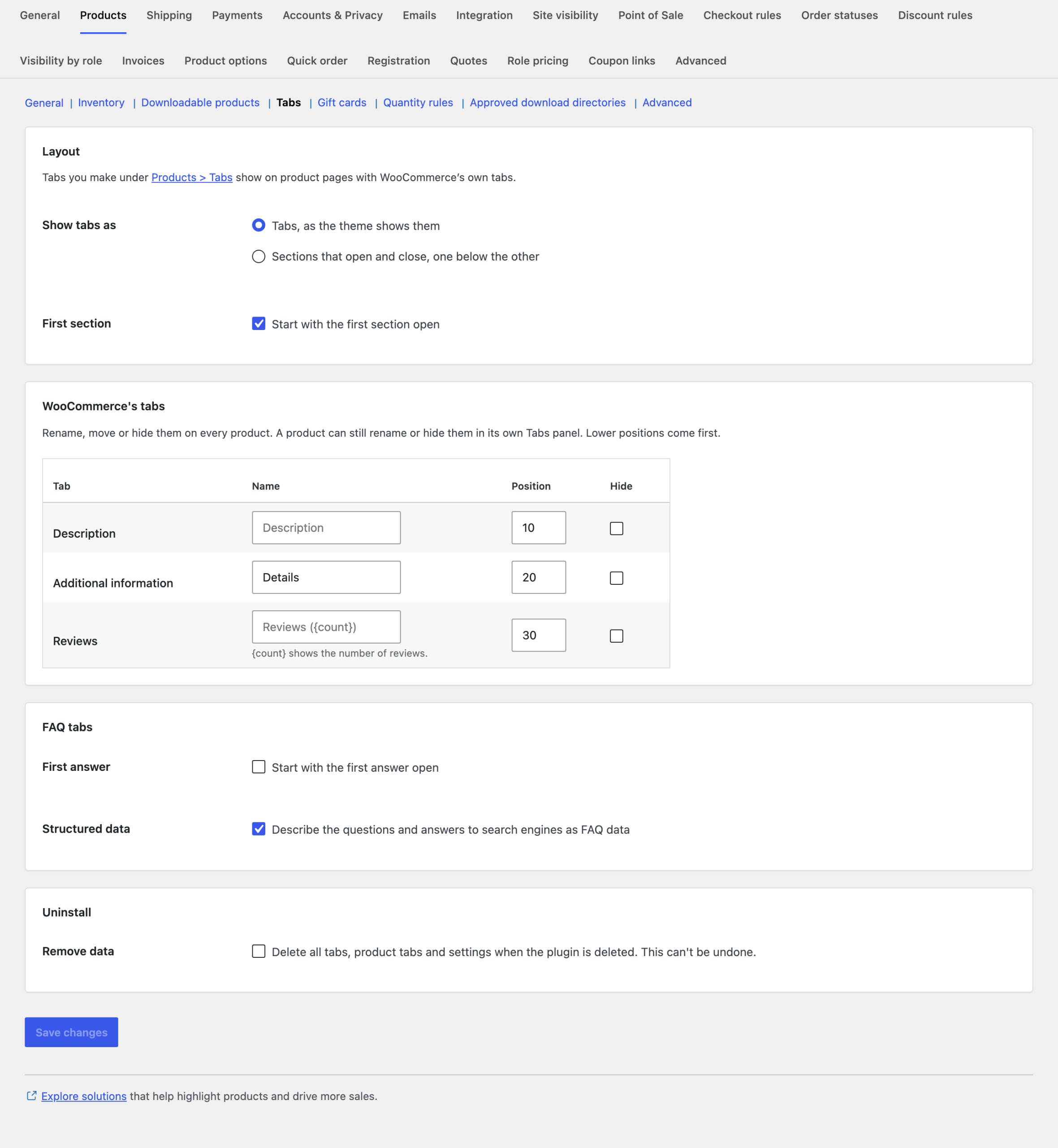 Products > Tabs settings.