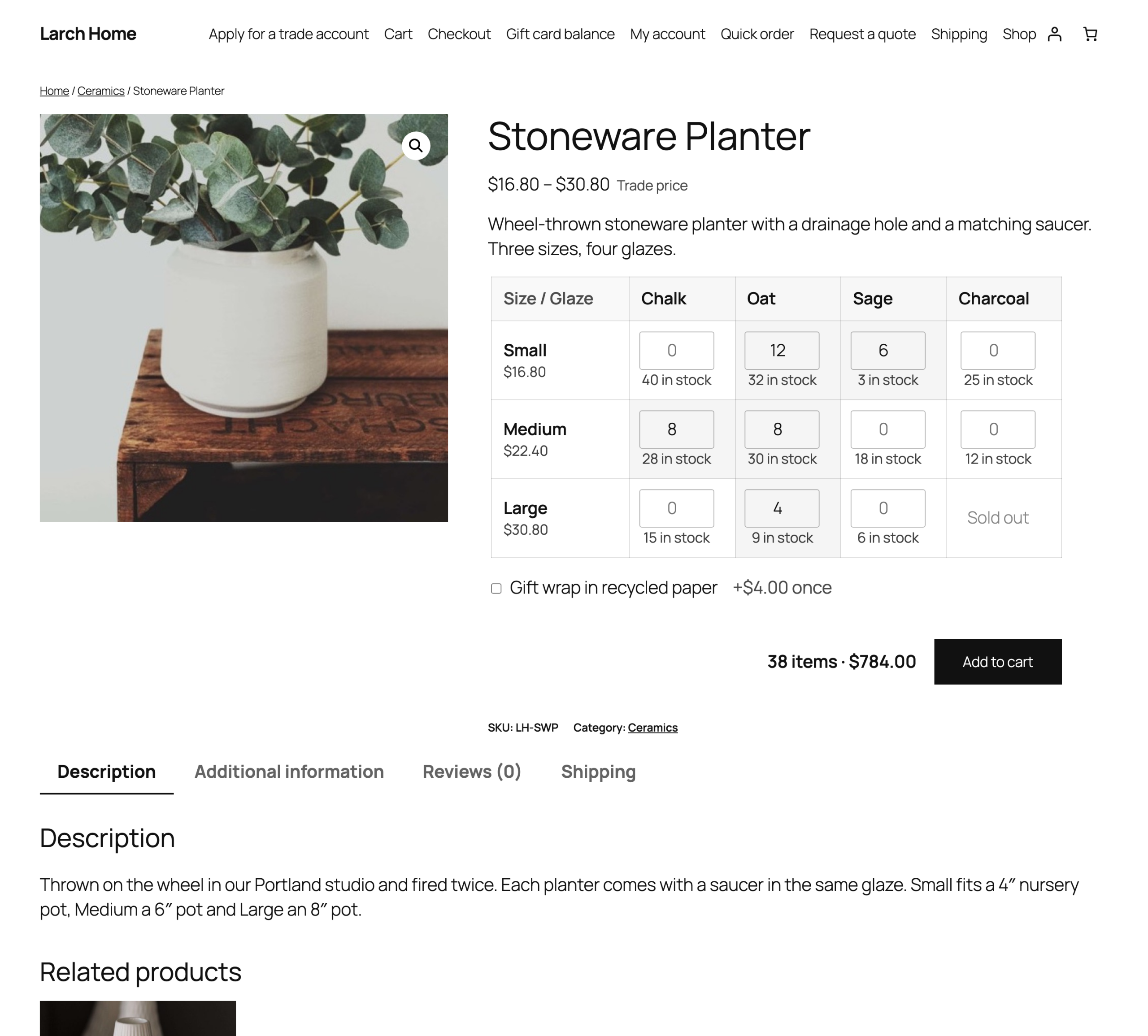 The variation grid on a product page.