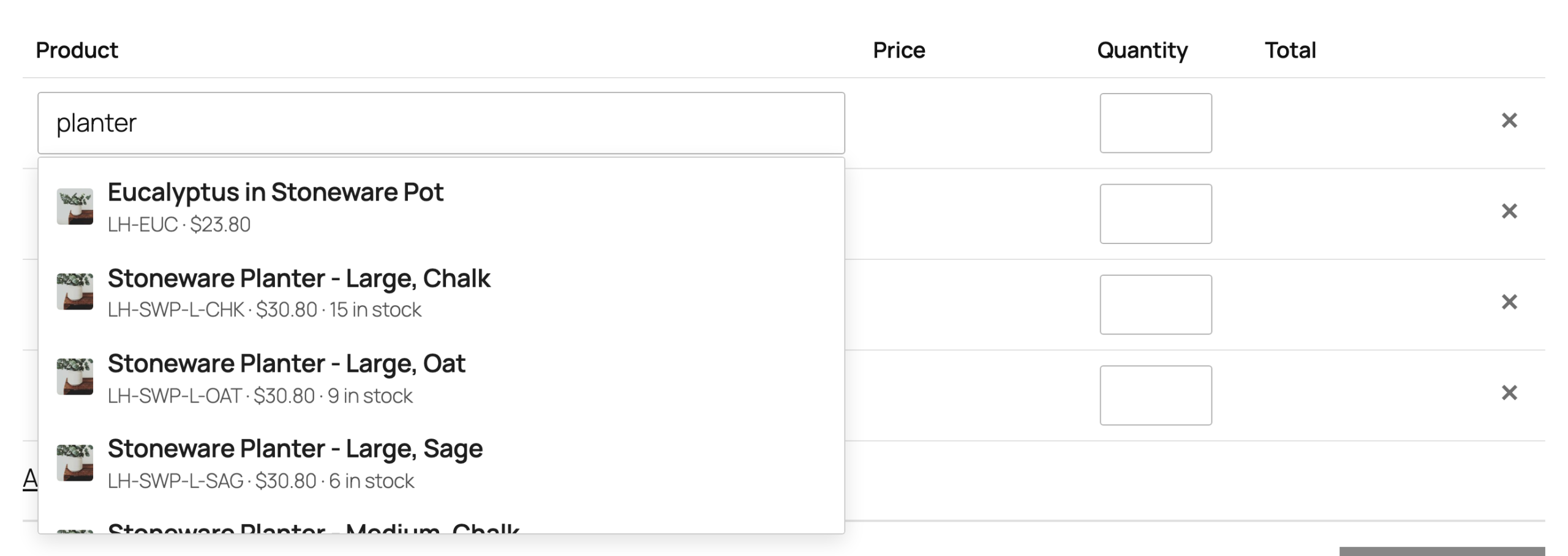 Searching by name or SKU.