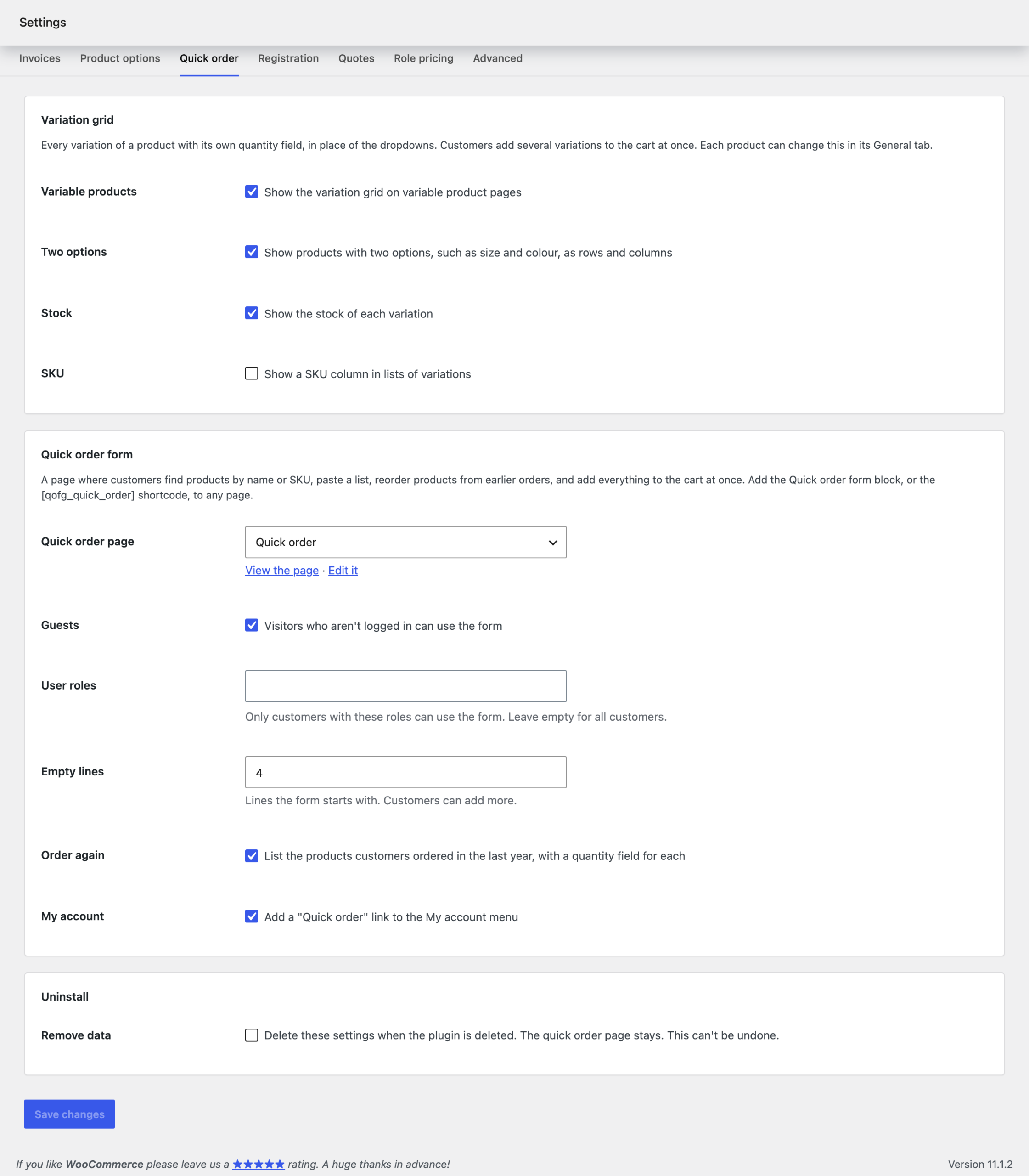 Quick order settings.
