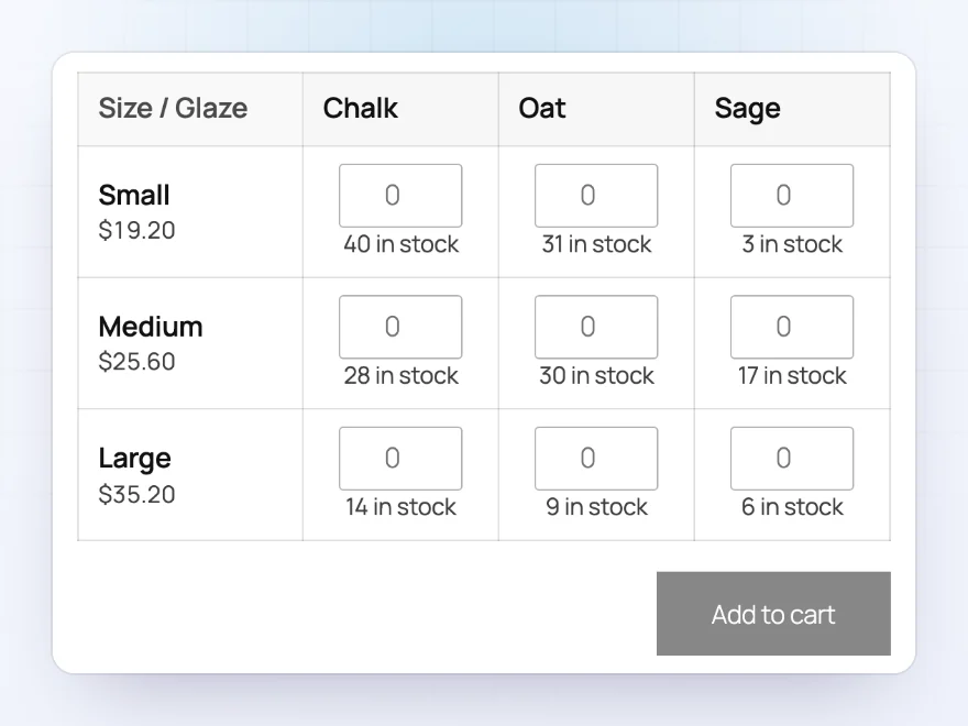 Variation grid with sizes as rows, glazes as columns, a quantity box and stock in each cell