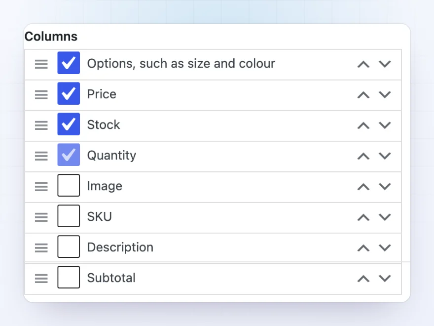 Grid column settings: options, price, stock and quantity ticked, image, SKU, description and subtotal available