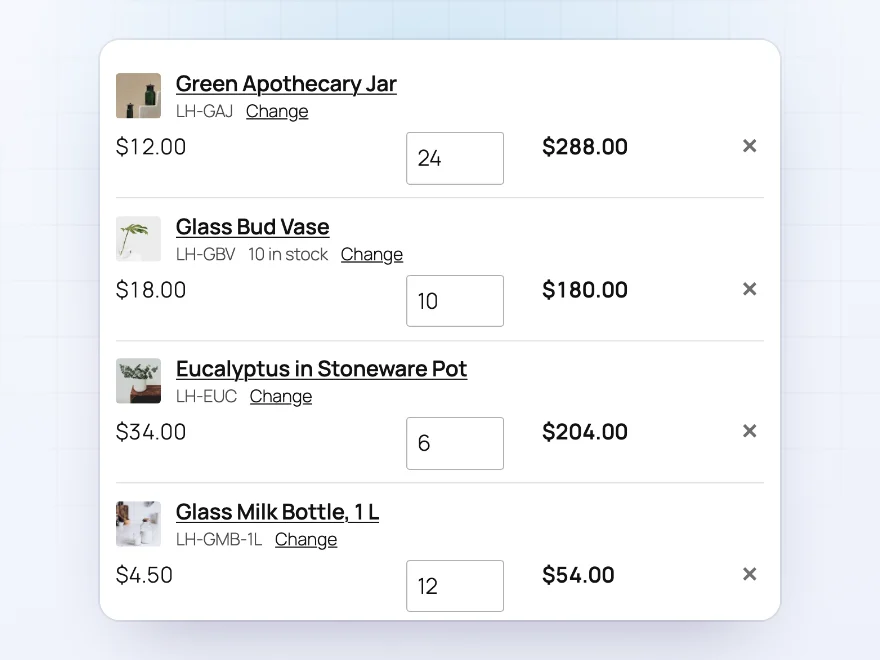 Quick order form with four products, their SKUs, quantities and line totals