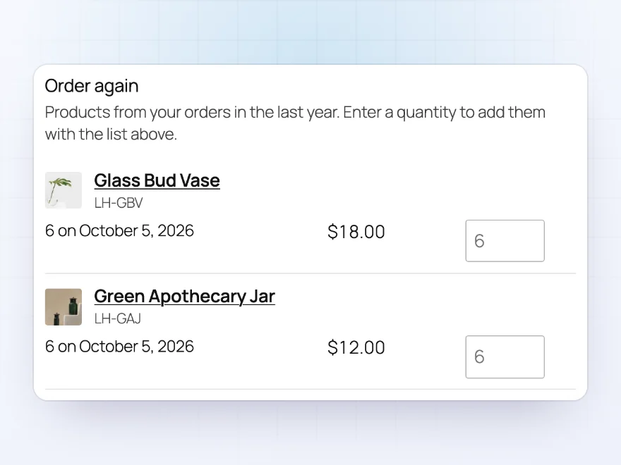 Order again list with products, the last order date and quantity fields